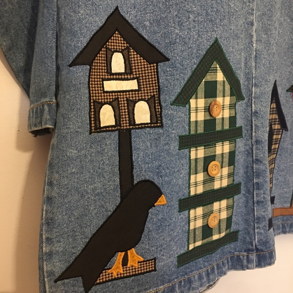 Vintage SunBelt Sportswear Denim Jacket with Birdhouse Appliqué: Size Medium - Picture 5 of 13